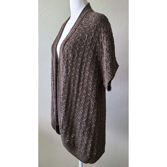 Chico's Long Open Front Cardigan Sweater Sz 3 / Large Taupe Short Sleeves - Picture 2 of 9